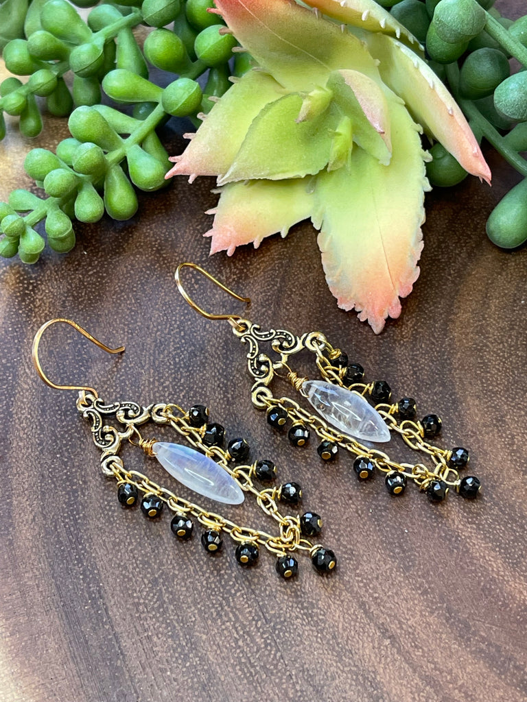 Rainbow Moonstones and Black Spinel Earrings/ Gold