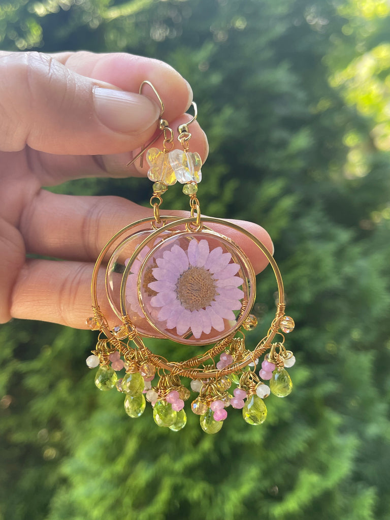 Pink Floral Resin / Peridot Earrings