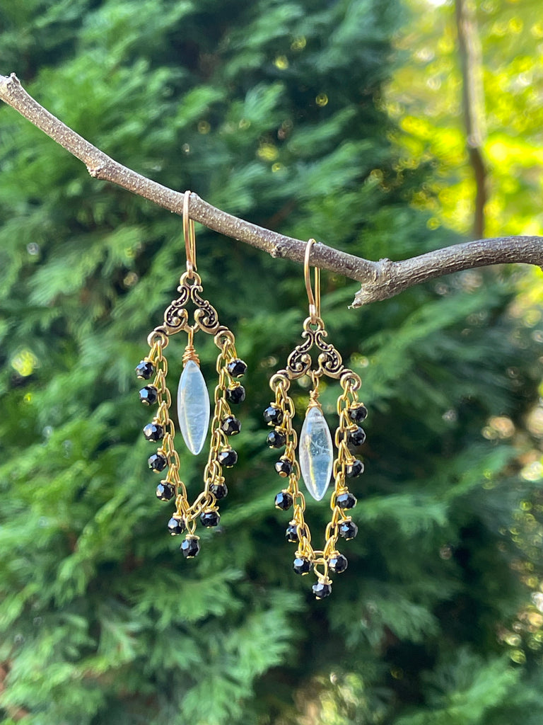 Rainbow Moonstones and Black Spinel Earrings/ Gold