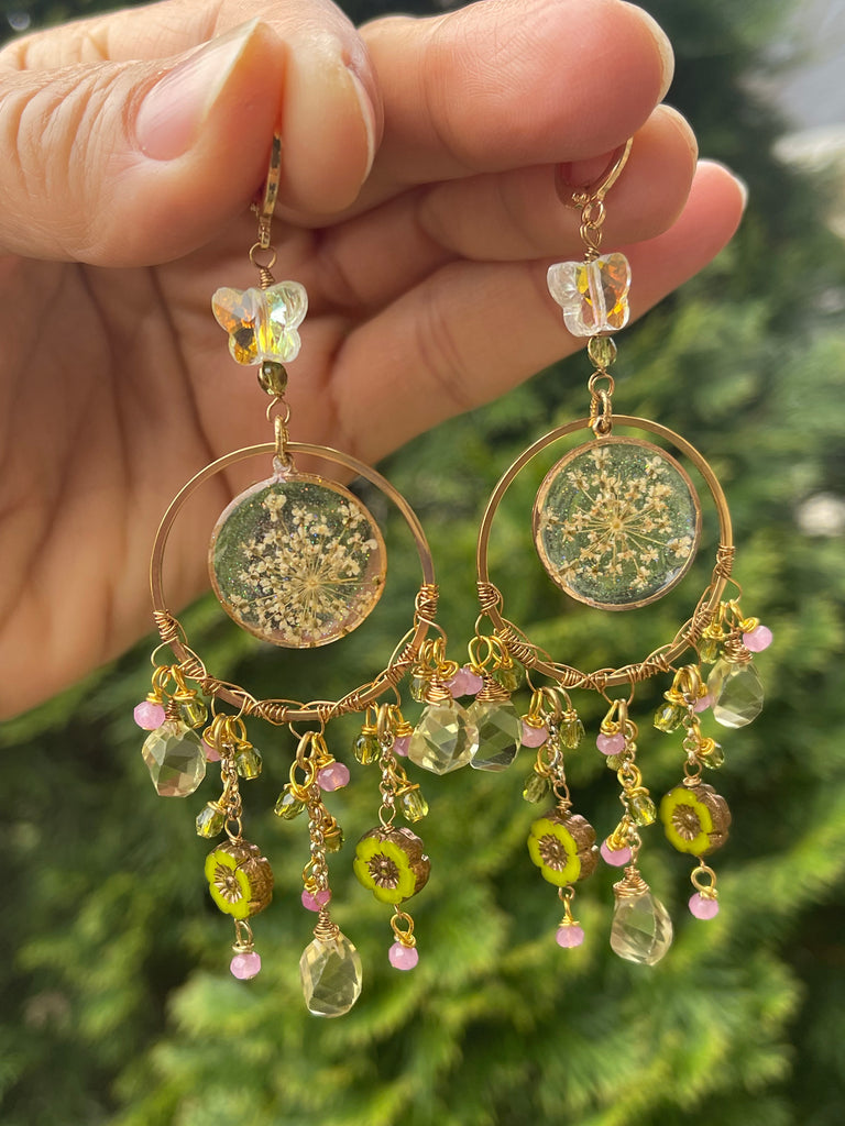 Yellow Floral Resin/Gemstone Earrings