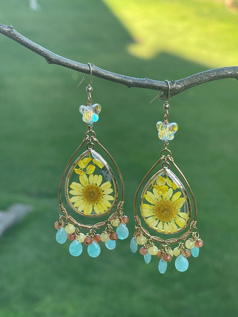 Yellow Floral Resin / Amazonite Earrings