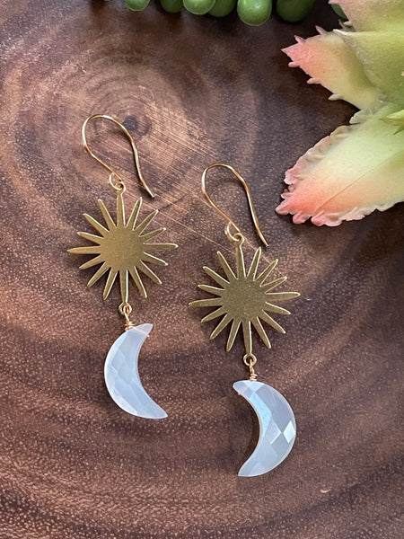 White Moonstone Crescent Starburst Earrings