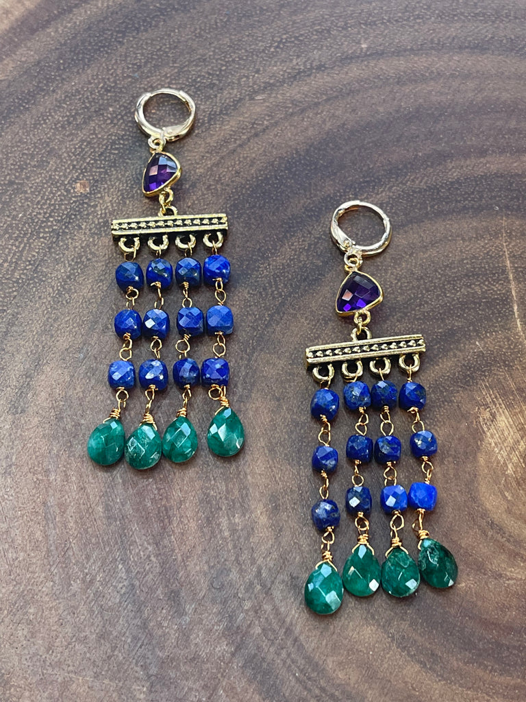 Lapis Lazuli / Green Onyx Fringe Earrings