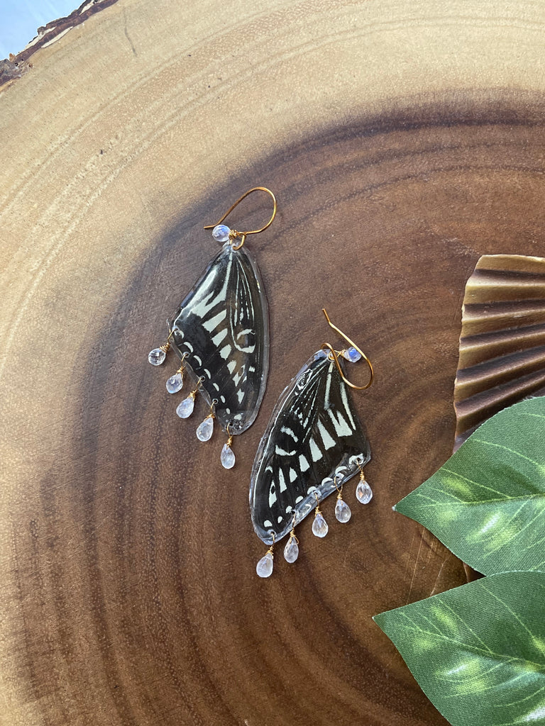 Resin Black Butterfly/ Moonstone Earrings