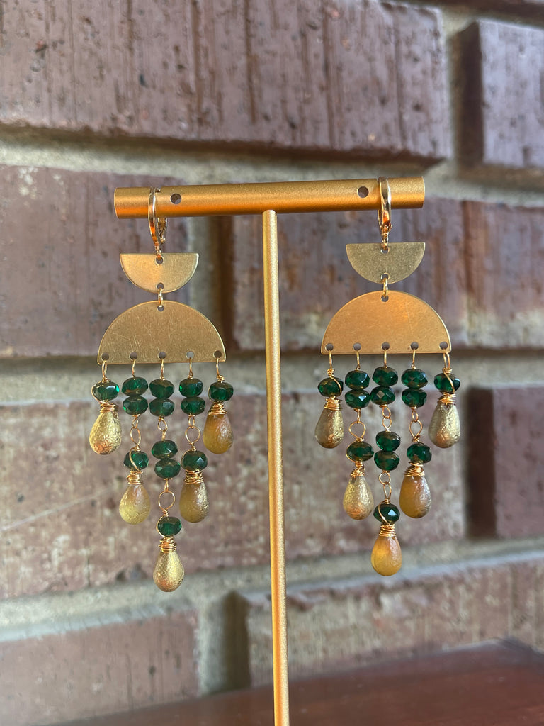 Emerald Green/Gold Czech Beaded Earrings
