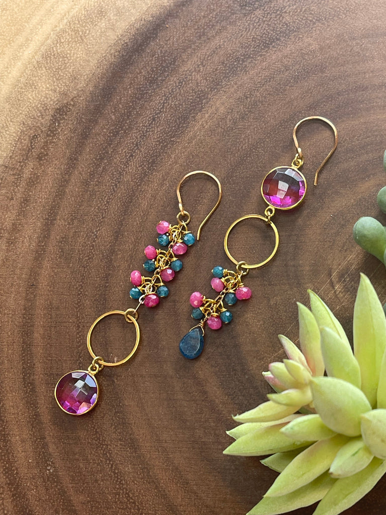 Pink Aura Quartz and Apatite Asymmetrical Earrings