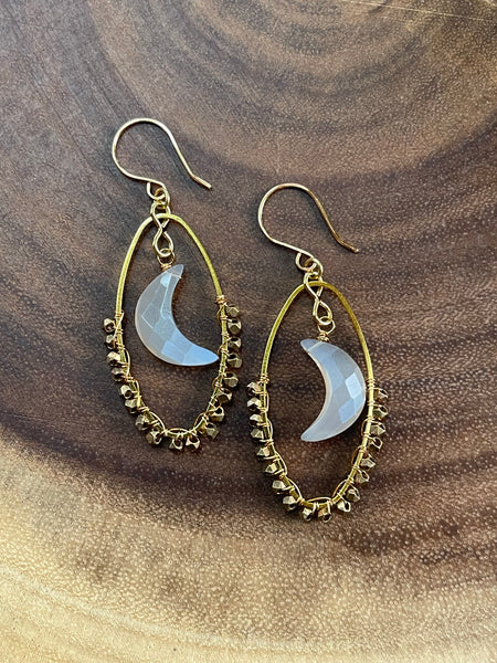 Gray Moonstone Crescent Moon Hoop Earrings