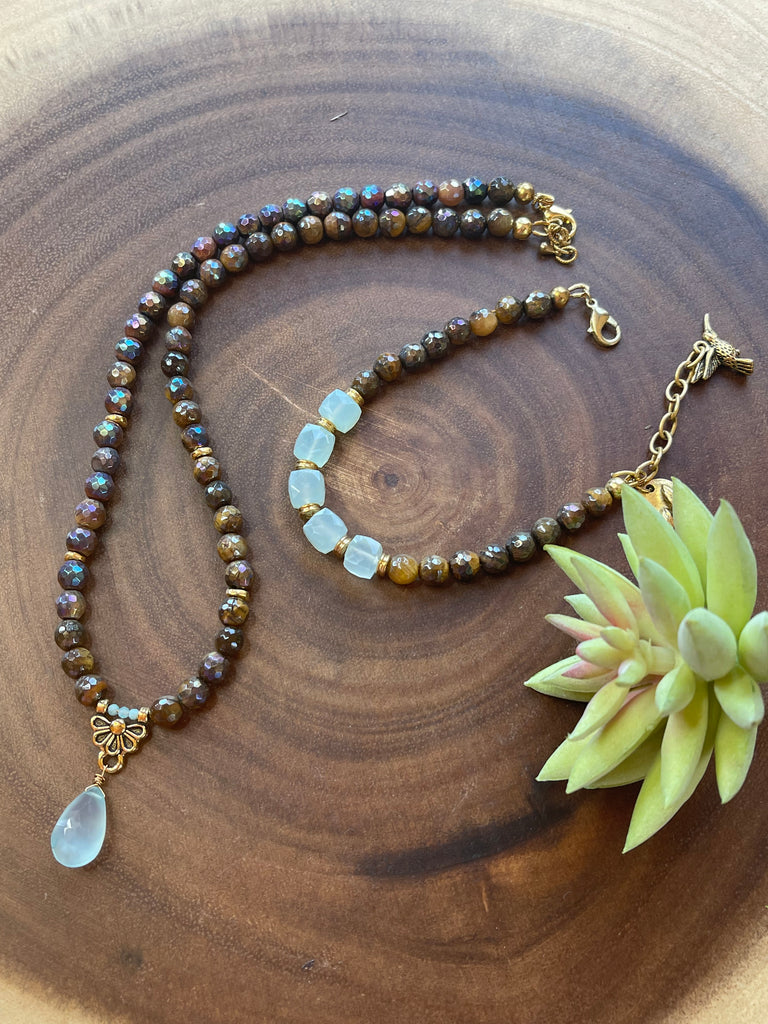 Aqua Chalcedony and Tiger Eye Necklace