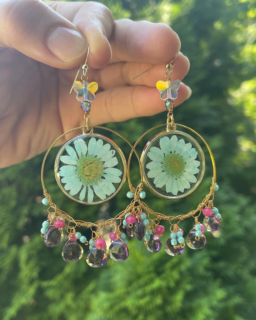 Turquoise Floral Resin / Amethyst Earrings
