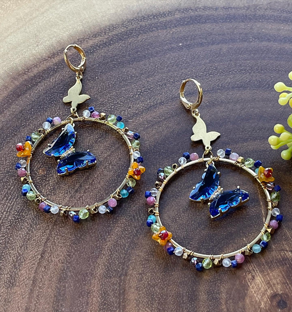Blue Butterfly Gemstone Hoop Earrings