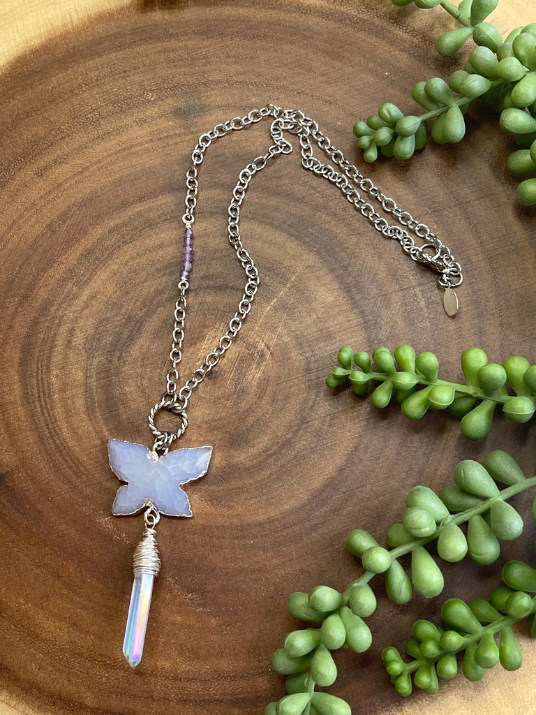 Light Purple Agate/ Aura Quartz Butterfly Necklace