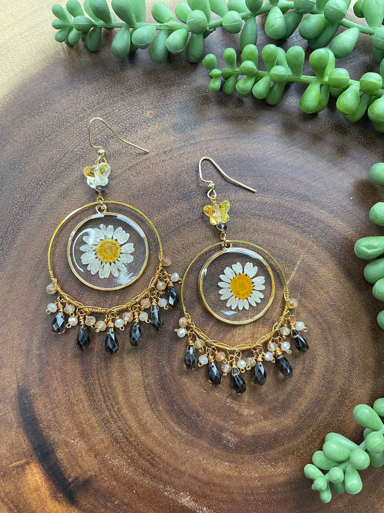 Floral Resin / Smoky Quartz Earrings