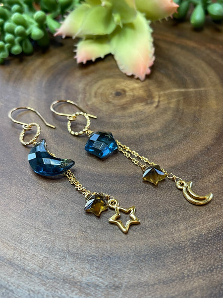Star and Moon Blue Quartz Earrings