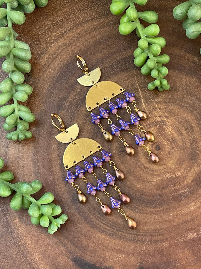 Purple Flower/ Rose Gold Czech Earrings