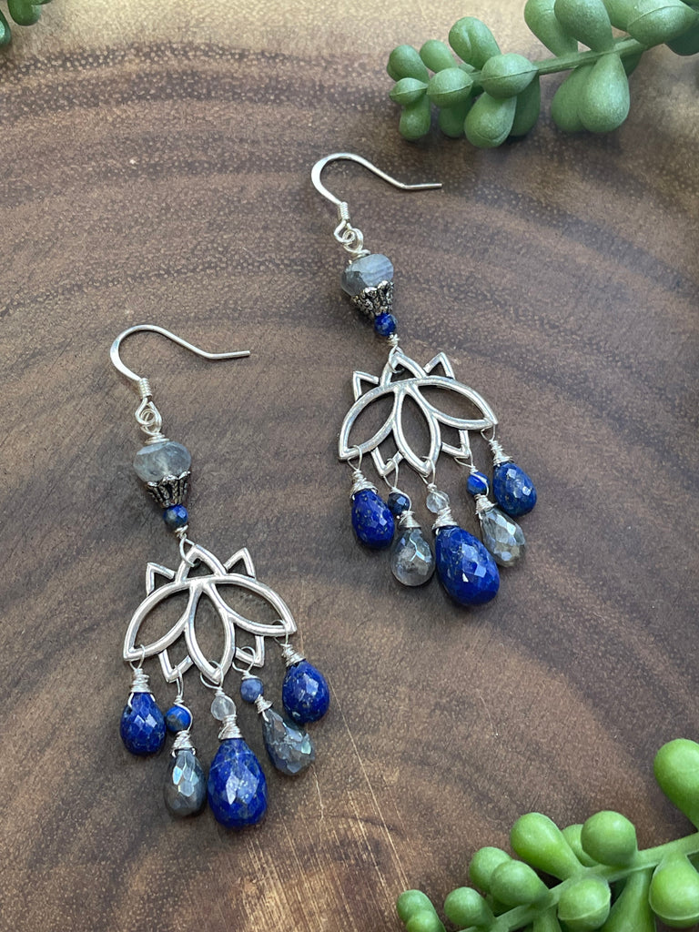 Lapis Lazuli and Mystic Labradorite Lotus Earrings