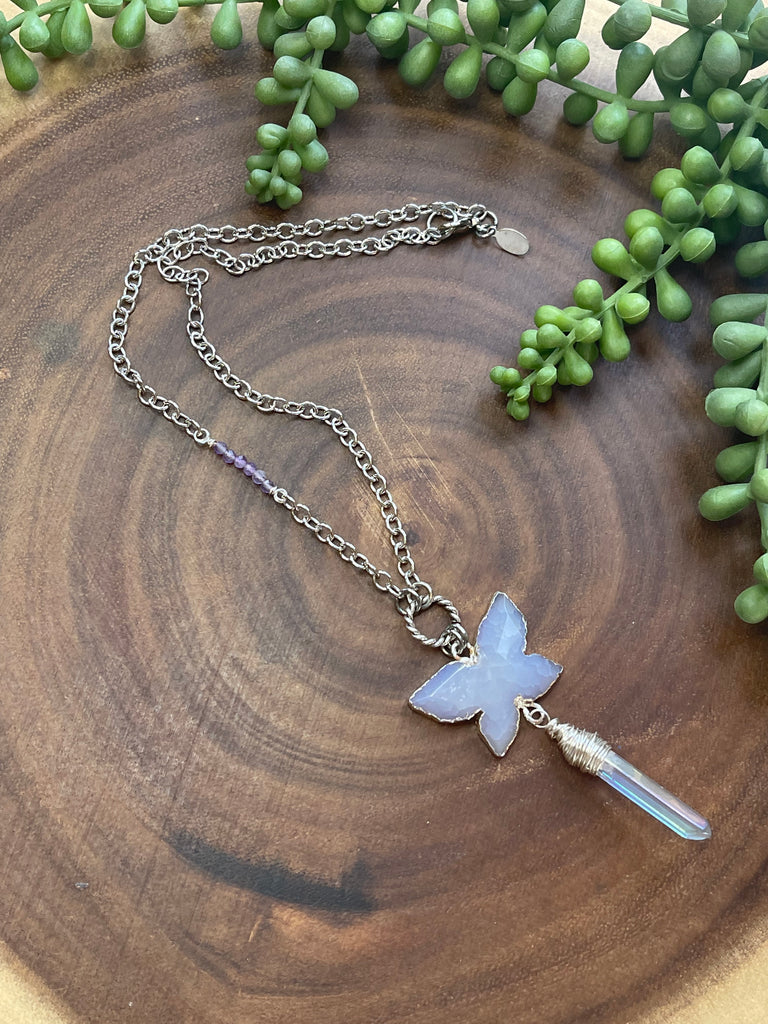 Light Purple Agate/ Aura Quartz Butterfly Necklace