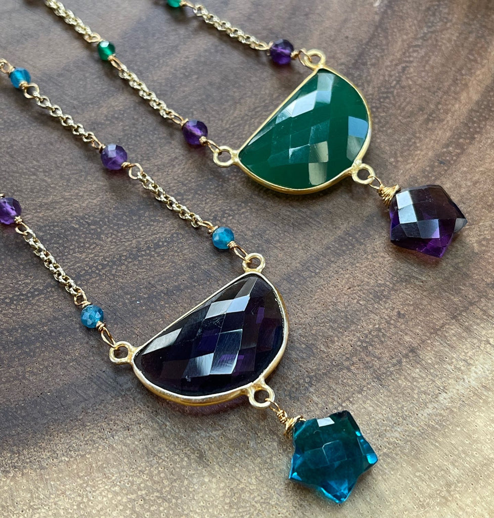Green Chalcedony and Amethyst Quartz Star Necklace
