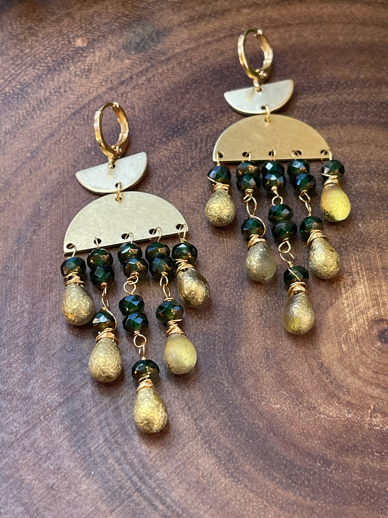 Emerald Green/Gold Czech Beaded Earrings