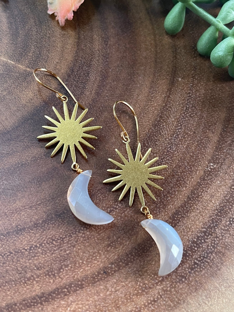 Gray Moonstone Crescent Starburst Earrings