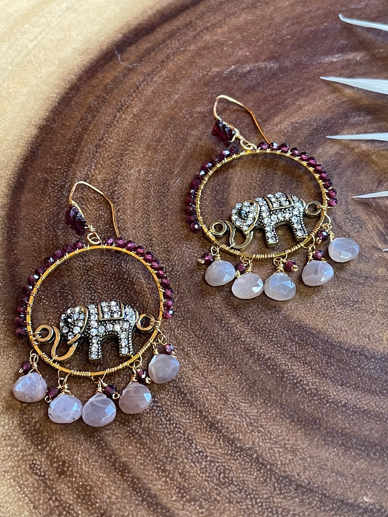 Garnet Elephant Charm Earrings
