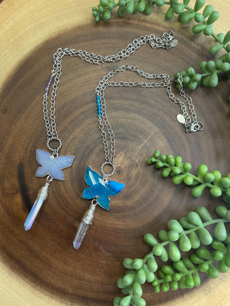 Blue Agate/ Aura Quartz Butterfly Necklace