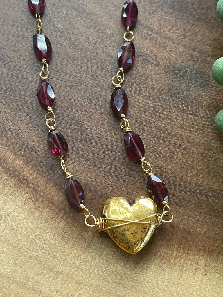 Gold Heart Garnet Necklace