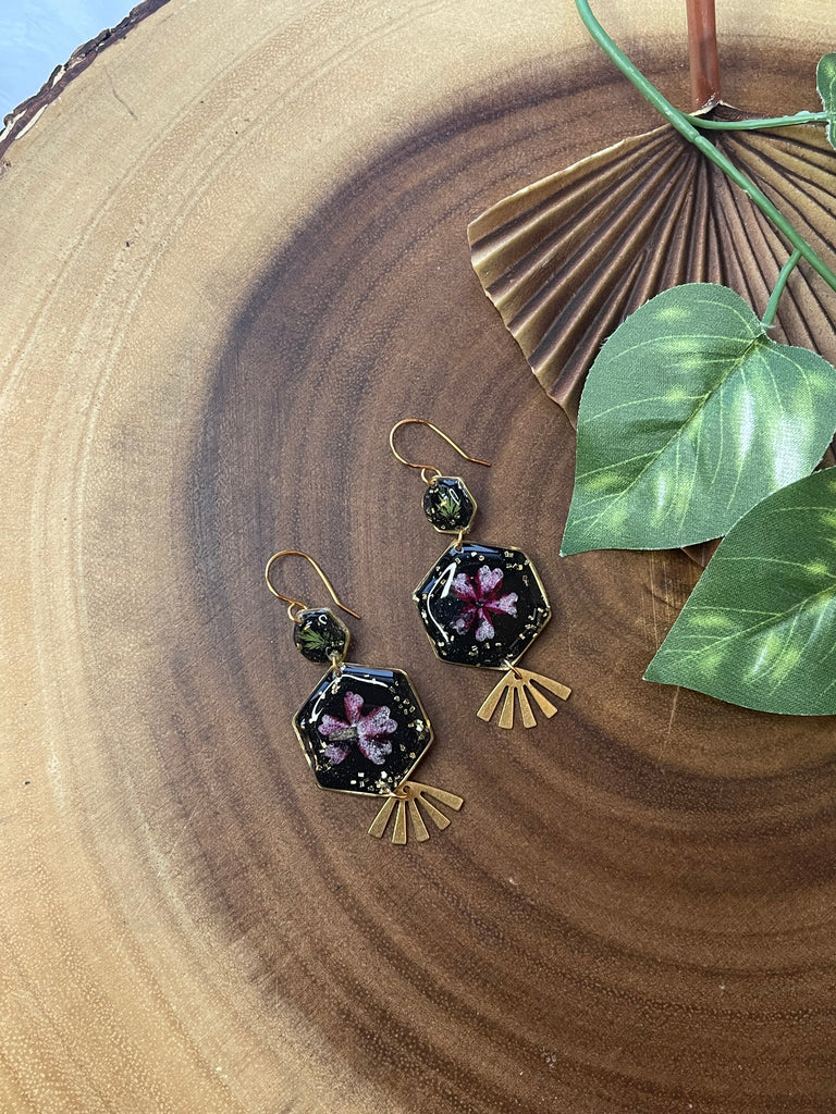 Resin Black and Pink Flower Earrings