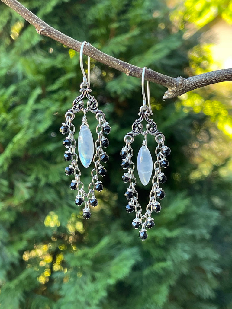 Rainbow Moonstone and Black Spinel Earrings/ Silver