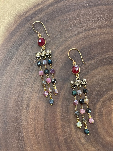 Mystic Tourmaline and Ruby Beaded Earrings