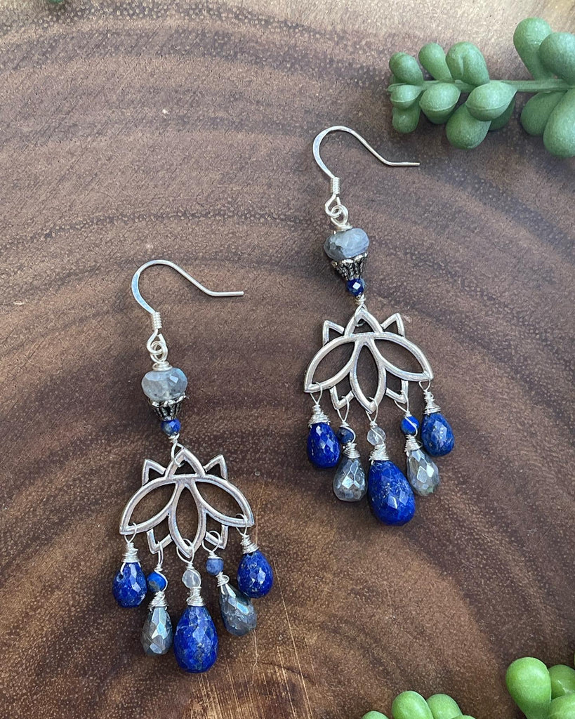 Lapis Lazuli and Mystic Labradorite Lotus Earrings